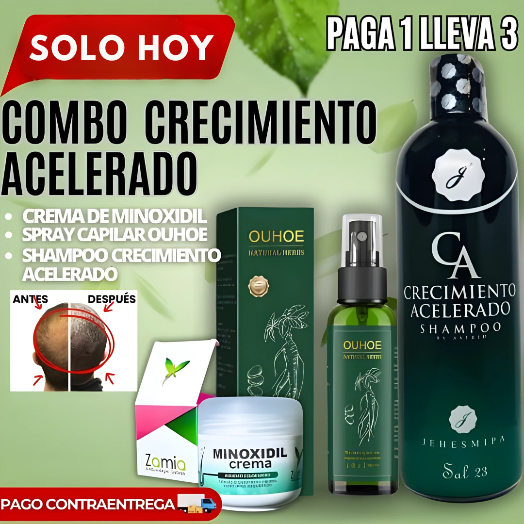 COMBO X3 – SHAMPOO CRECIMIENTO ACELERADO + ELIXIR CAPILAR OUHOE+ MINOXIDIL EN CREMA DE REGALO