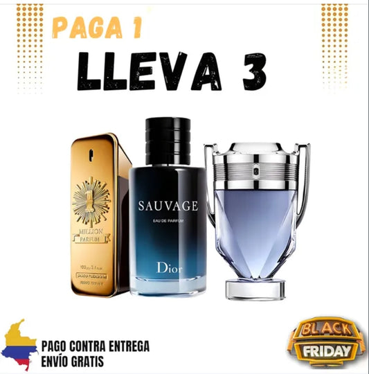KIT 3 PERFUMES PREMIUM — SAUVAGE, 1 MILLION E INVICTUS